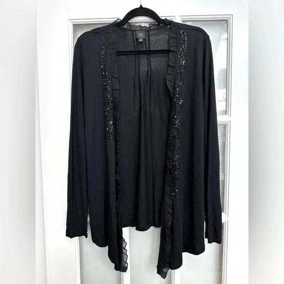 Saks Fifth Avenue Black Ruffle Sequin Lightweight Open Front Cardigan Size M - Picture 13 of 13